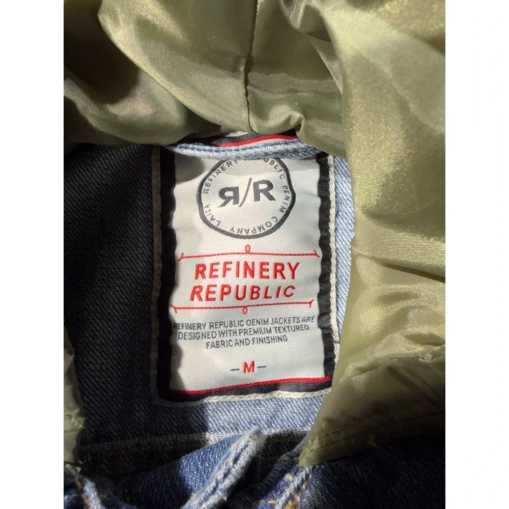 Refinery Republic Mens Denim Jacket Quilted Hooded Sleeves Blue Olive Green M